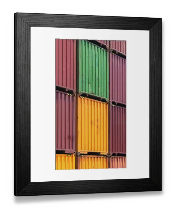 Framed Print : Busy international industrial port with freight and shipment docks and cargo containers