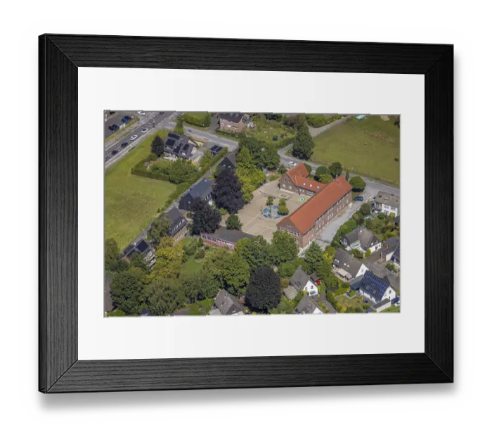 Framed Print : Aerial photo, Gregorschule primary school with schoolyard and tree seating area