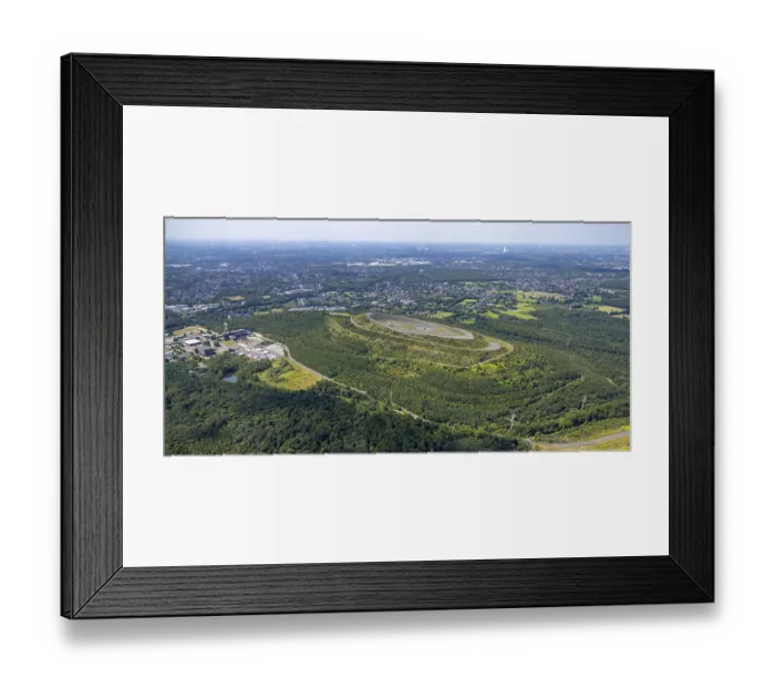 Framed Print : Aerial view, Haniel spoil tip, colourful totems by Agustin Ibarrola erected at the edge