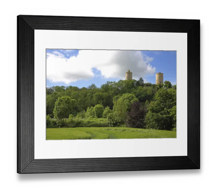 Framed Print : Castle with towers in the forest on the hill