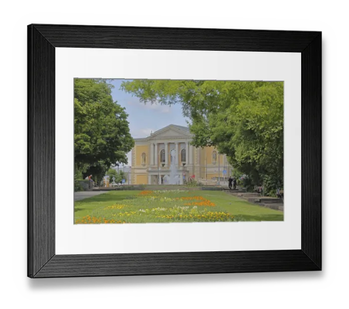 Framed Print : Opera house built in 1886 and Curie-Platz park with Fontane