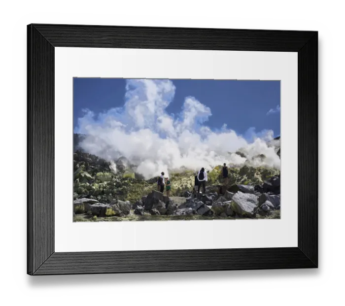 Framed Print : Tourists stand in front of the fumarole next to the former sulphur mine