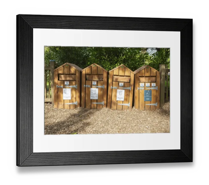 Framed Print : Wooden sorted refuse rubbish collection containers