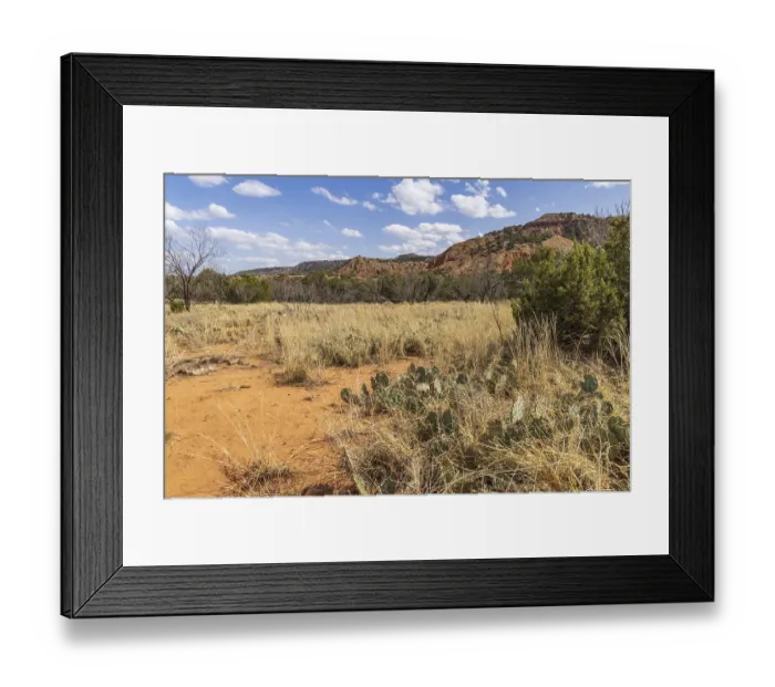 Framed Print : Layered rock formations rise up behind a field of grass