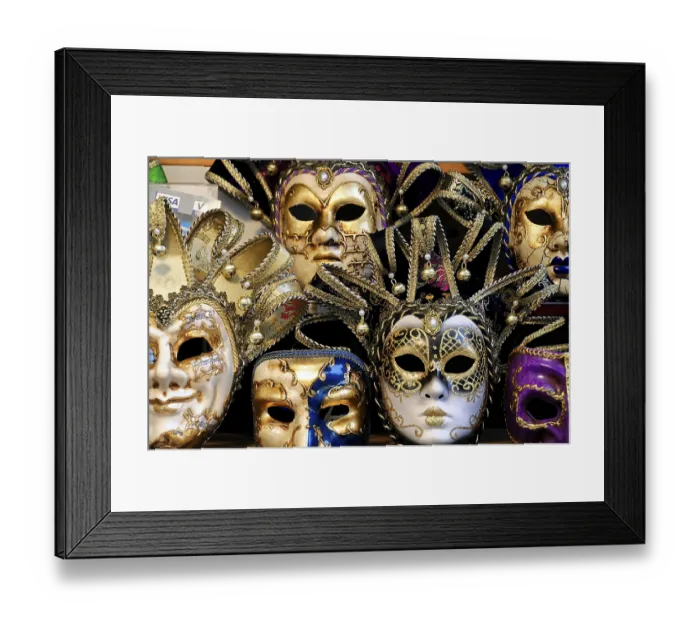 Framed Print : Venice, Veneto, Italy, Europe, Elaborate golden Venetian carnival masks with ornaments and decorations