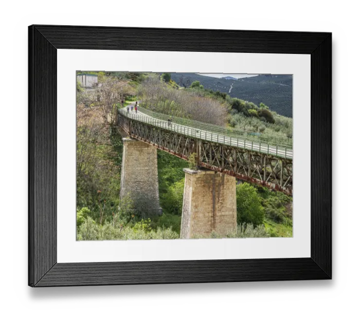 Framed Print : Cyclist on a bridge, cycle path Via Verde Del Aceite Framed Print : Cyclist on a bridge, cycle path Via Verde Del Aceite