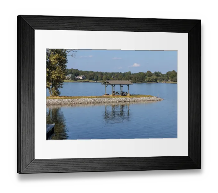 Framed Print : Pavilion with picnic tables on a peninsula at Beech Lake reservoir in Lexington Framed Print : Pavilion with picnic tables on a peninsula at Beech Lake reservoir in Lexington