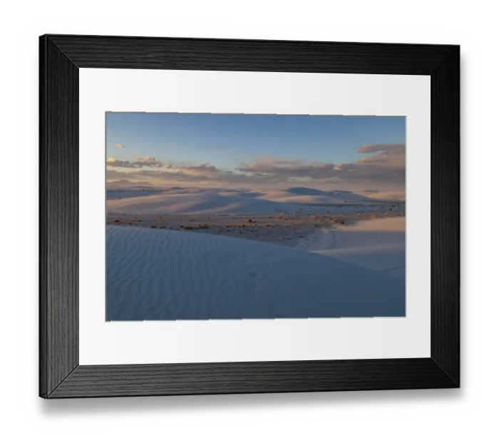 Framed Print : Smooth curved sand dunes in evening light at White Sands National Park in Alamogordo
