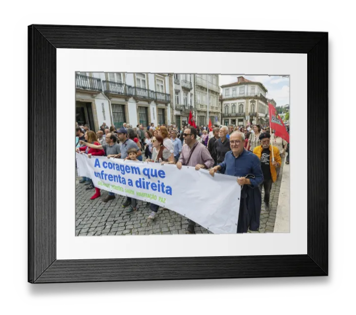 Framed Print : Political rally and march for May Day in city of Guimaraes