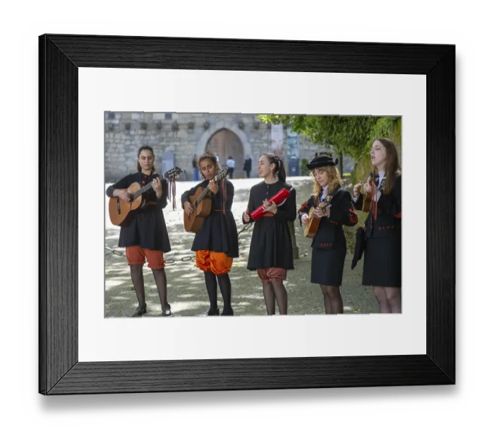 Framed Print : Group female university students musicians perform in street