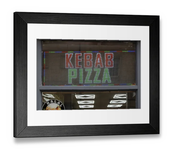 Framed Print : Kebab Pizza fast food electronic LED sign, UK