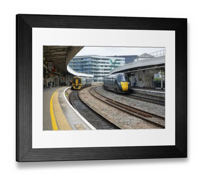 Framed Print : GWR British Rail Class 800 Inter City Express train and Class 158 Sprinter train Framed Print : GWR British Rail Class 800 Inter City Express train and Class 158 Sprinter train
