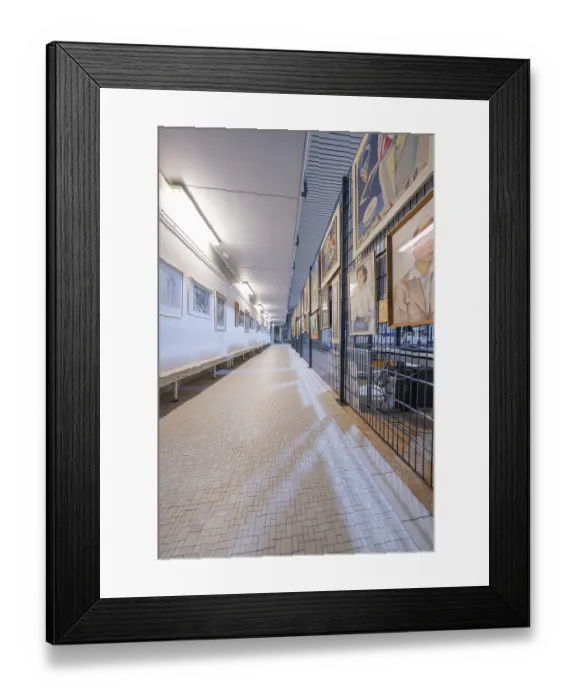 Framed Print : Long corridor in a gallery, lined with works of art on the walls Framed Print : Long corridor in a gallery, lined with works of art on the walls