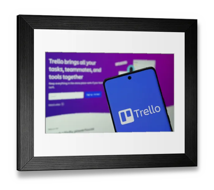 Framed Print : Dhaka, Bangladesh - 18 March 2025: The logo of the trello is displayed on a smartphone screen