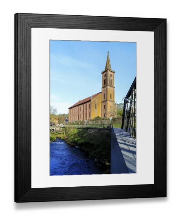 Framed Print : Kinzig and town church with steel girder bridge in Schiltach