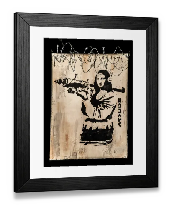 Framed Print : Banksy - Mona Lisa Bazooka, Icon armed with rocket launcher as a critique of war