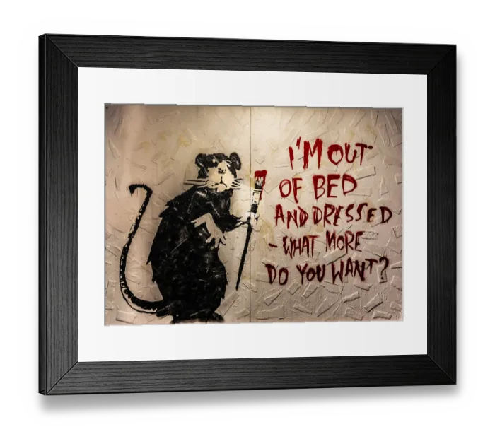 Framed Print : Banksy - Out of Bed Rat, Frustration of the inviduum against the burden of daily life