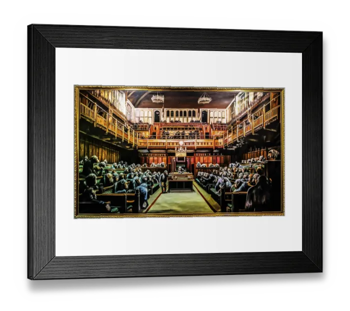 Framed Print : Banksy - Devolved Parliament, Chimpanzees take over the House of Commons Framed Print : Banksy - Devolved Parliament, Chimpanzees take over the House of Commons