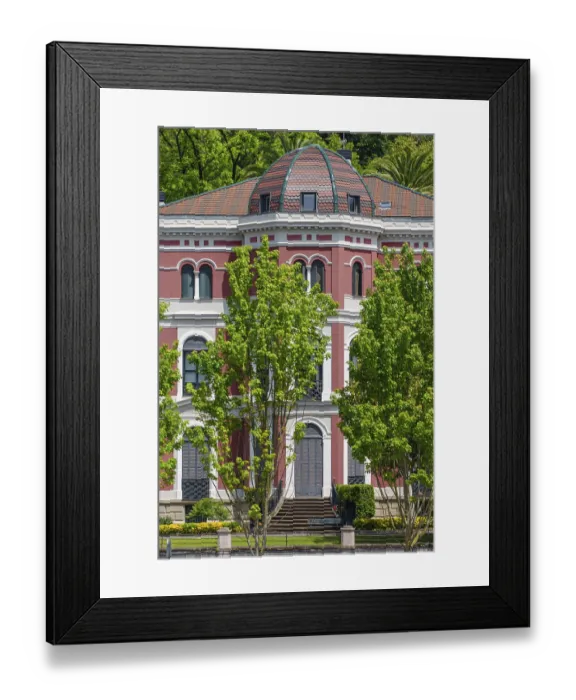 Framed Print : A red historic building with a dome surrounded by green trees