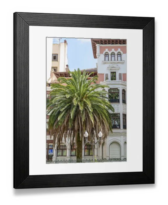 Framed Print : Palm tree in front of an ornate historic building under a blue sky