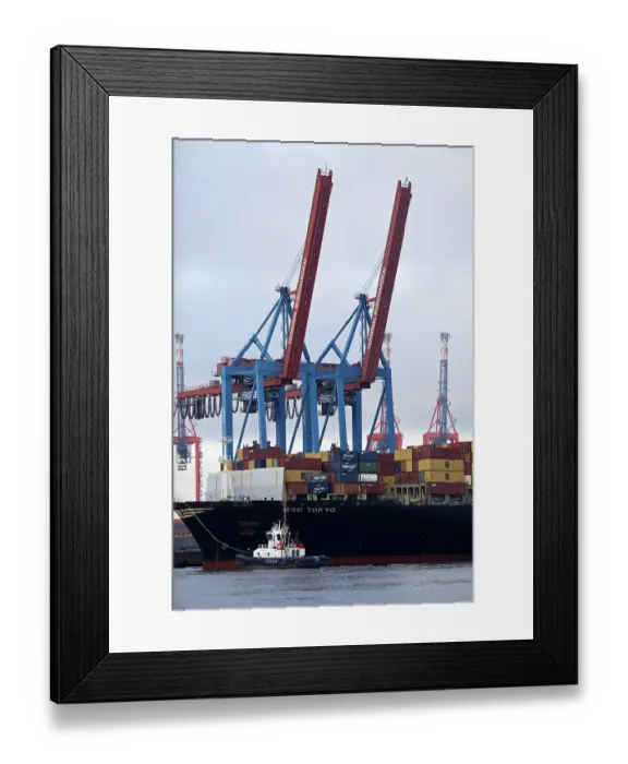 Framed Print : Small tug VB Perfect with large container ship MSC Tokyo at the Burchardkai container terminal in the Port of Hamburg