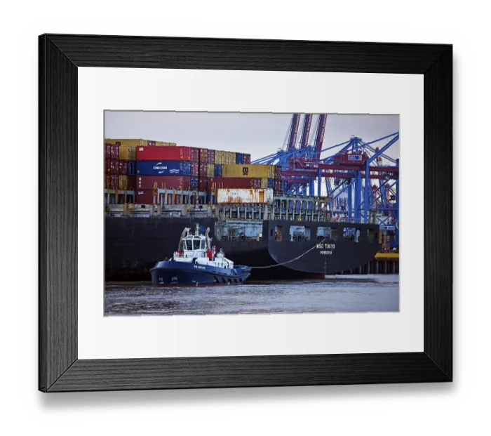 Framed Print : Small tug VB Perfect with large container ship MSC Tokyo at the Burchardkai container terminal in the Port of Hamburg