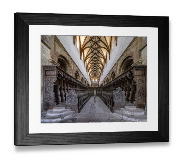 Framed Print : Wood carvings from a former Cistercian abbey in the Gothic choir Framed Print : Wood carvings from a former Cistercian abbey in the Gothic choir