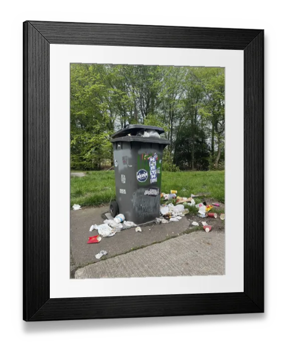 Framed Print : Disposable waste, car park, rubbish bin on the A28