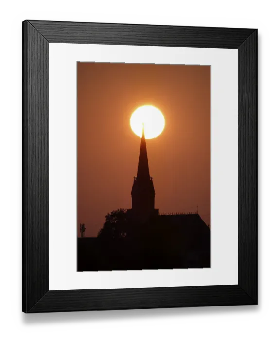 Framed Print : Sun in the evening in June, church tower, Germany Framed Print : Sun in the evening in June, church tower, Germany