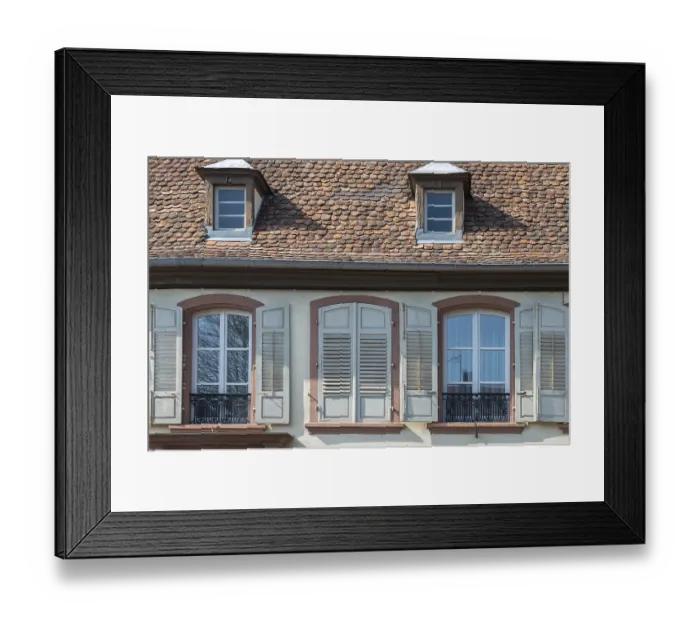 Framed Print : Facade of an old house with shingle roof and shutters Framed Print : Facade of an old house with shingle roof and shutters