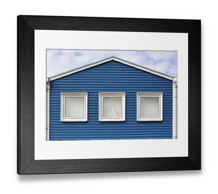 Framed Print : Blue lobster shack, wooden facade with three windows Framed Print : Blue lobster shack, wooden facade with three windows