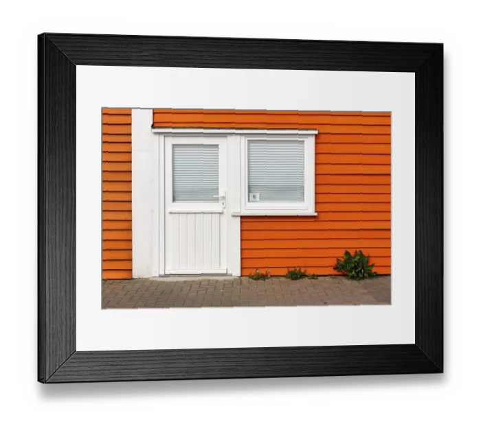 Framed Print : Colourful lobster shack, orange wooden facade with door and window