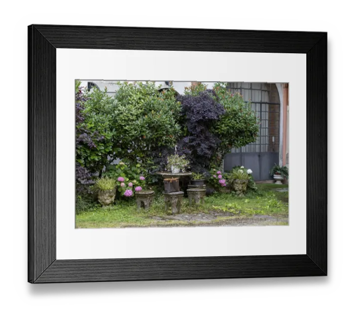 Framed Print : A peaceful garden escape with lush greenery flowers in stone planters
