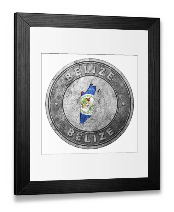 Framed Print : Belize Flag Button with Map, Coin Style