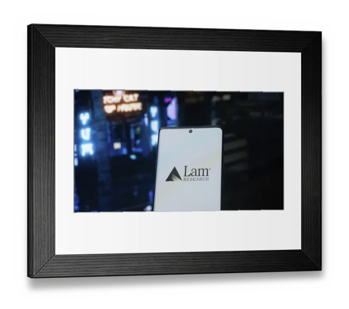 Framed Print : Lam Research logo on a phone with futuristic neon lights in the background Framed Print : Lam Research logo on a phone with futuristic neon lights in the background