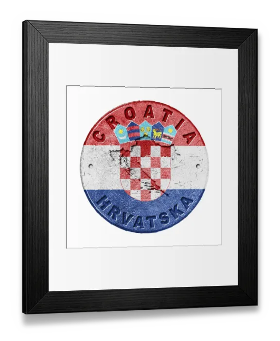 Framed Print : Croatia Flag Button with Map, Retro Style