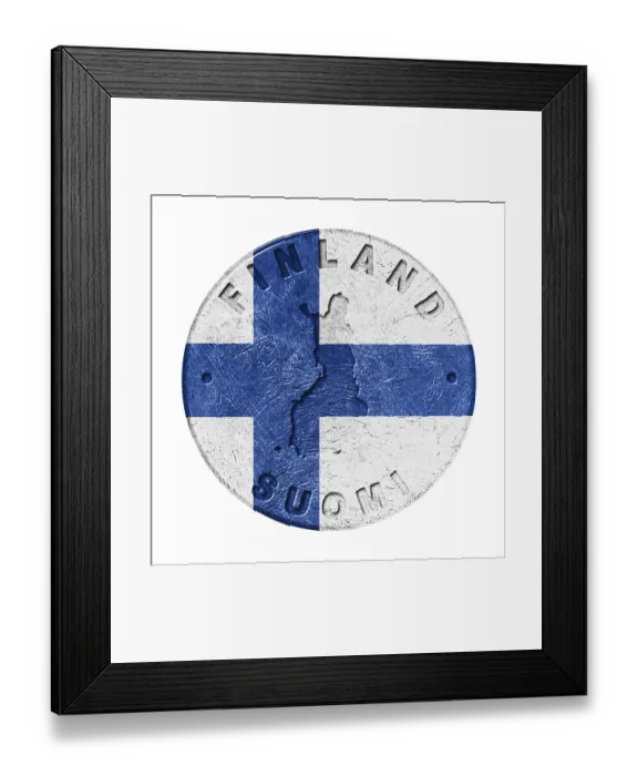Framed Print : Finland Flag Button with Map, Retro Style Framed Print : Finland Flag Button with Map, Retro Style