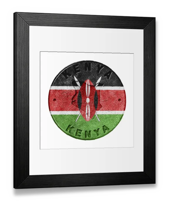 Framed Print : Kenya Flag Button with Map, Retro Style