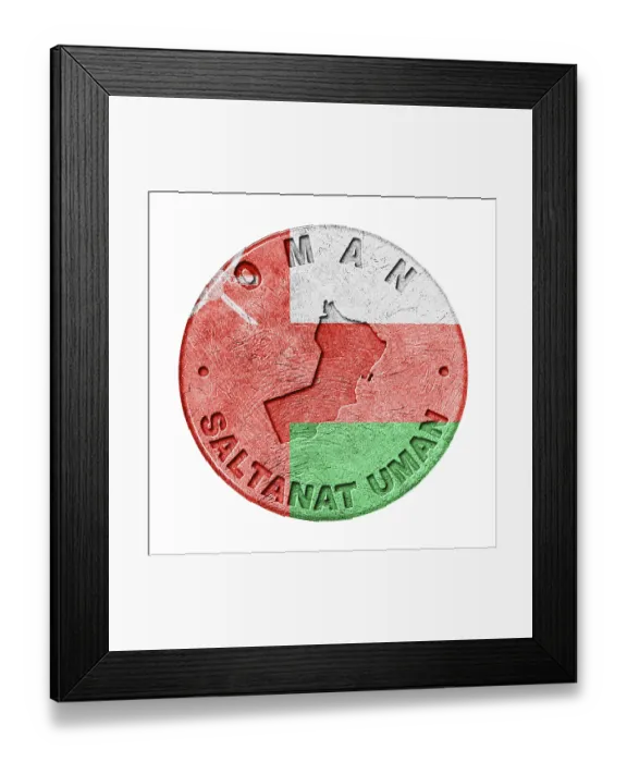 Framed Print : Oman Flag Button with Map, Retro Style