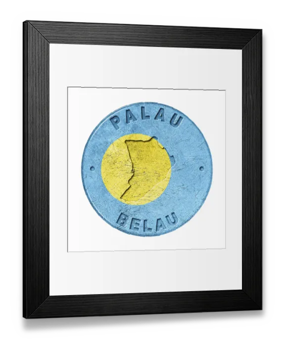 Framed Print : Palau Flag Button with Map, Retro Style Framed Print : Palau Flag Button with Map, Retro Style