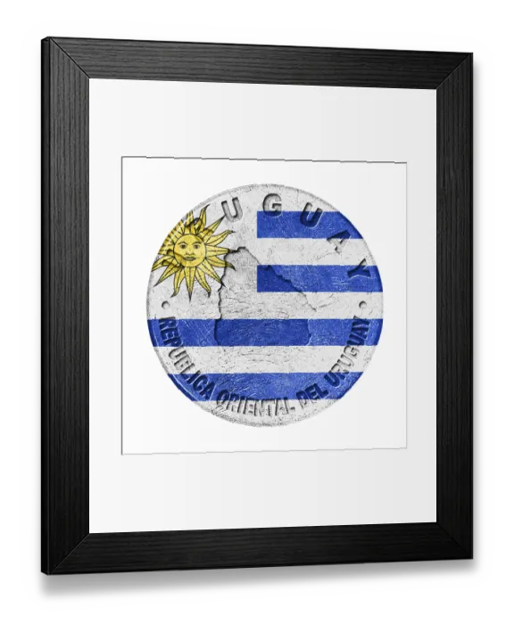 Framed Print : Uruguay Flag Button with Map, Retro Style