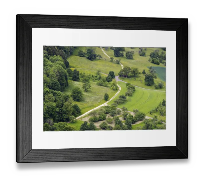 Framed Print : Winding paths lead through green fields and meadows