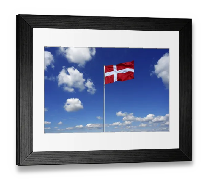 Framed Print : Flag of Denmark fluttering in the blue sky with cumulus clouds Framed Print : Flag of Denmark fluttering in the blue sky with cumulus clouds