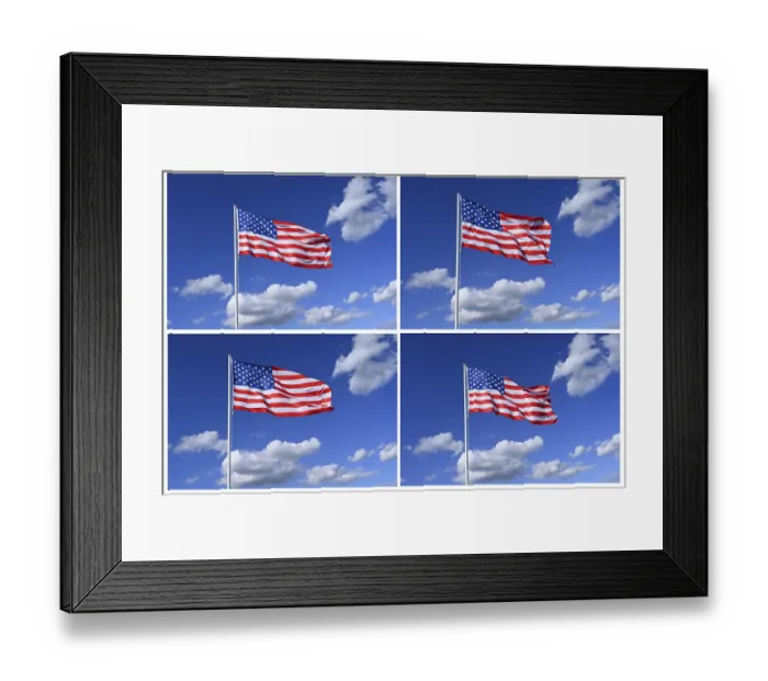 Framed Print : The flag of United States flutters in the wind in a blue sky with white clouds Framed Print : The flag of United States flutters in the wind in a blue sky with white clouds