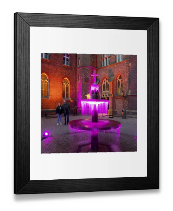Framed Print : Kevelaer in the light, light installation inner courtyard of the confessional chapel with fountain in the evening