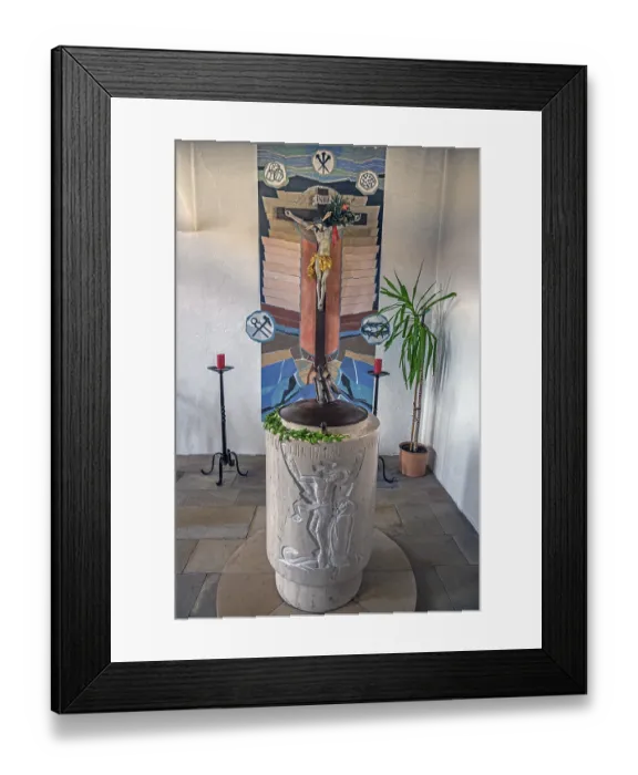 Framed Print : Baptismal font with crucifix, St Mary is the Catholic parish church Framed Print : Baptismal font with crucifix, St Mary is the Catholic parish church