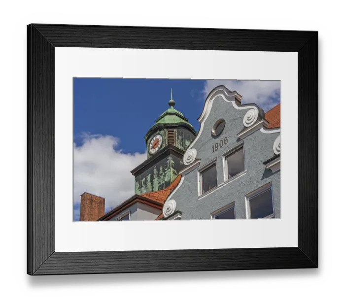 Framed Print : Volute gable and tower with clock