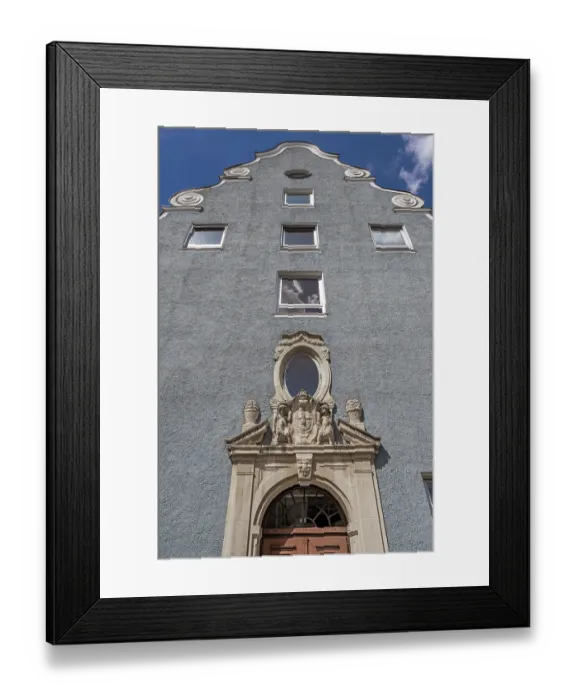 Framed Print : Volute gable and classicist tympanum above the Tor tor of the secondary school