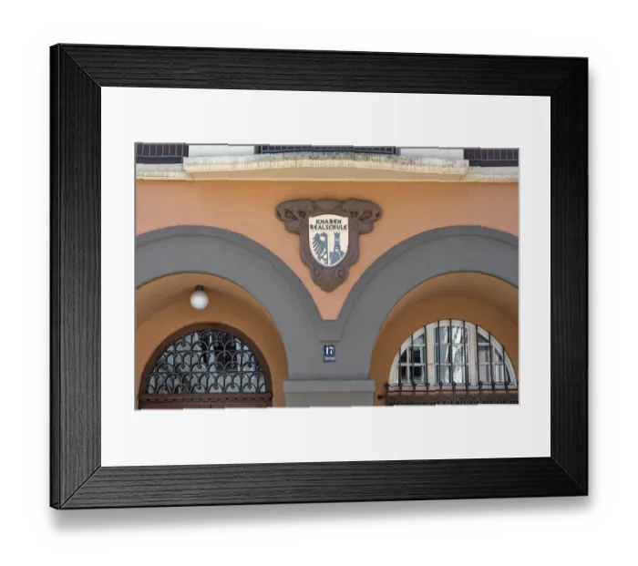 Framed Print : Two arched windows and Kempten coat of arms with two lion figures
