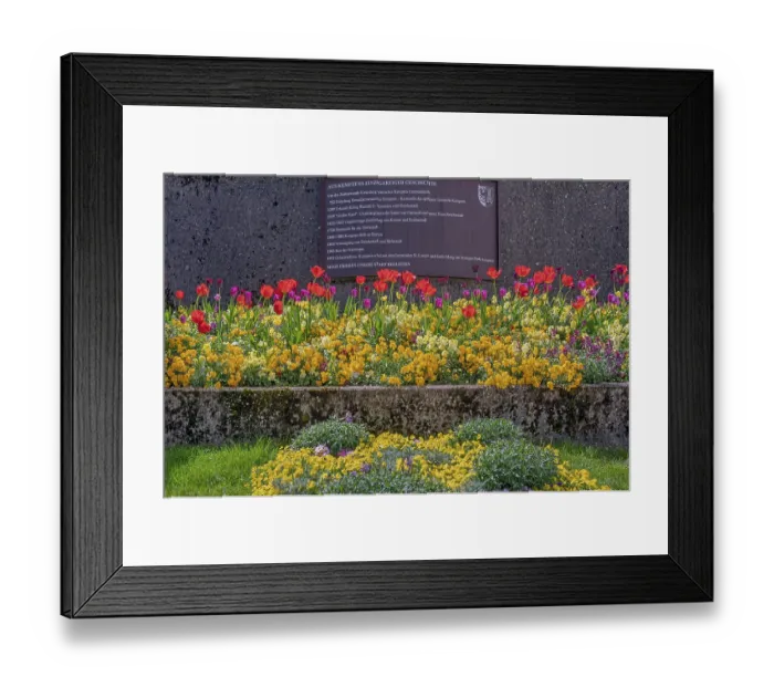 Framed Print : Staircase with spring flowers and information sign Framed Print : Staircase with spring flowers and information sign
